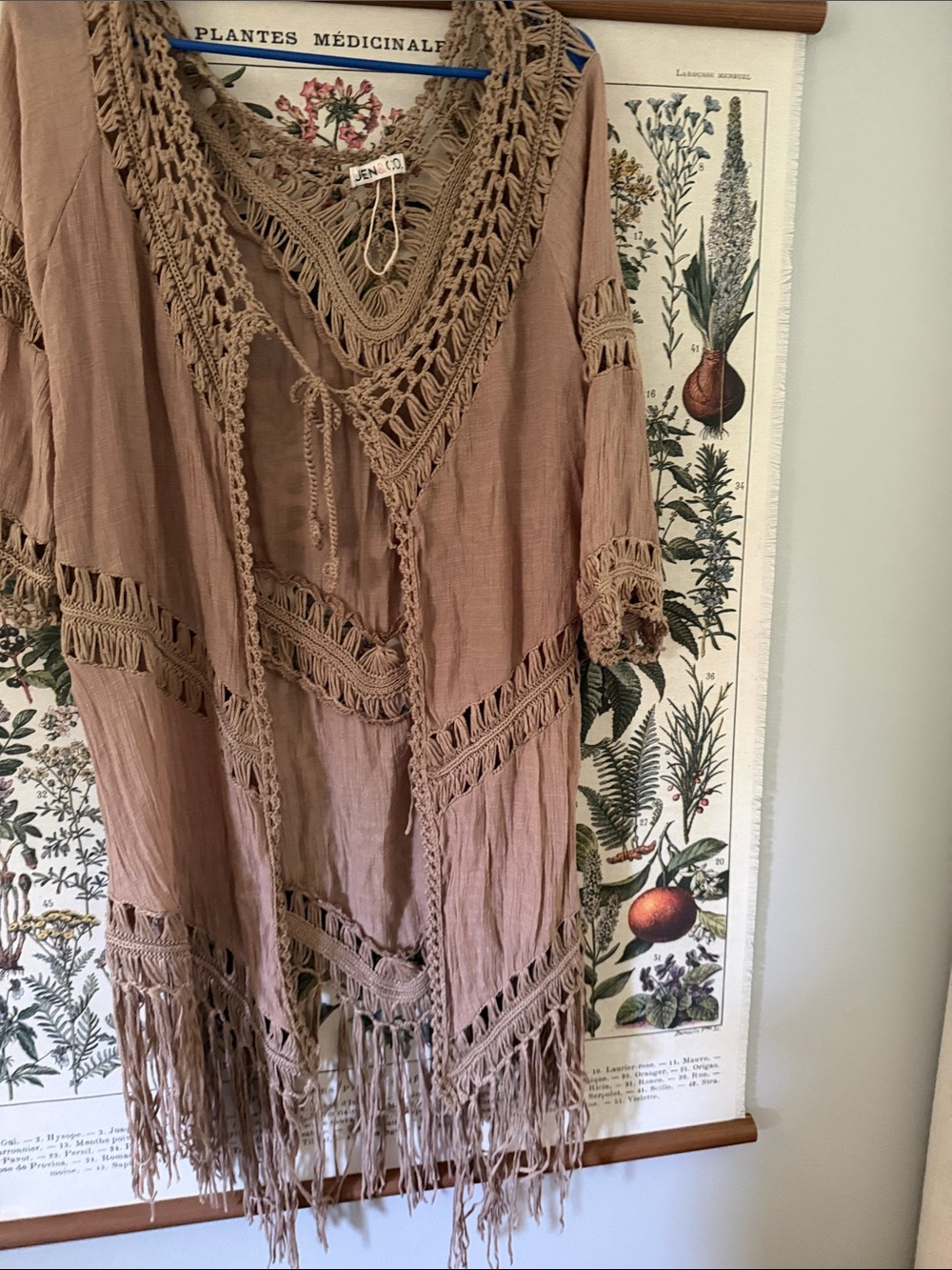 Boho Crochet-Trim Asymmetrical Dress in Tan